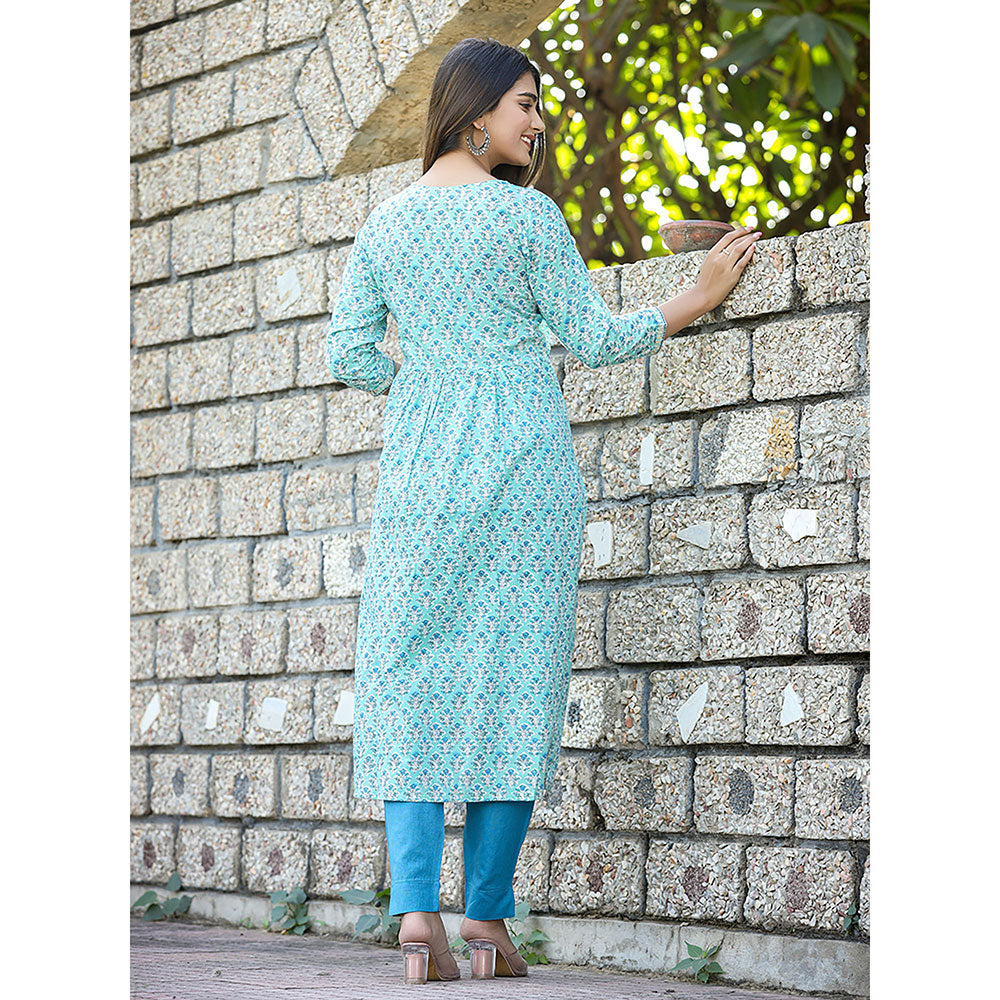 KAAJH Sky Blue Printed Cotton Kurta and Pants (Set of 2)