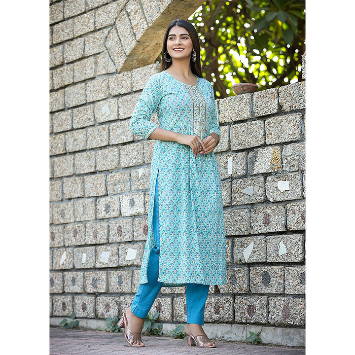 KAAJH Sky Blue Printed Cotton Kurta and Pants (Set of 2)