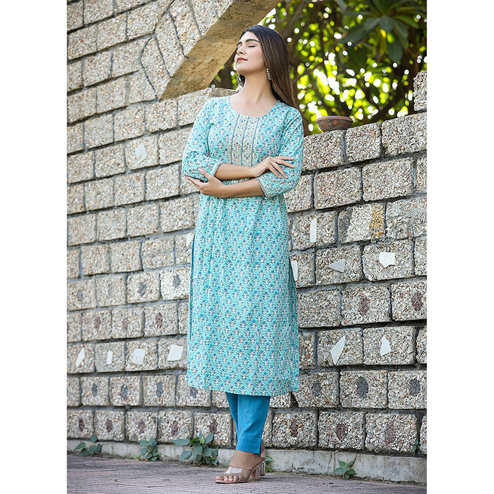 KAAJH Sky Blue Printed Cotton Kurta and Pants (Set of 2)