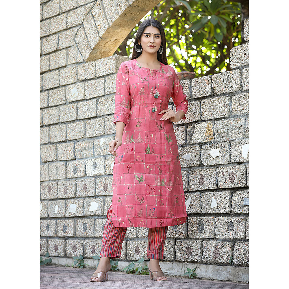 KAAJH Pink Floral Modal Silk Kurta and Pants (Set of 2)