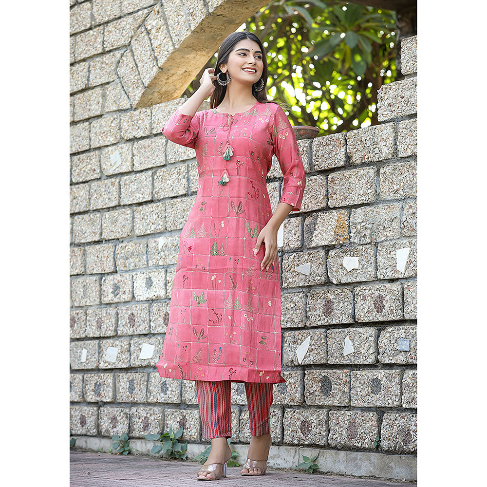 KAAJH Pink Floral Modal Silk Kurta and Pants (Set of 2)