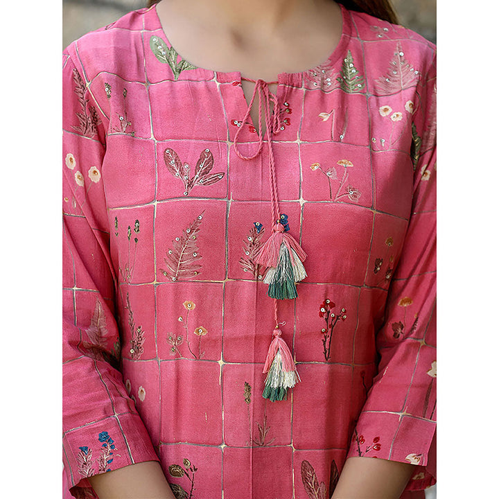 KAAJH Pink Floral Modal Silk Kurta and Pants (Set of 2)