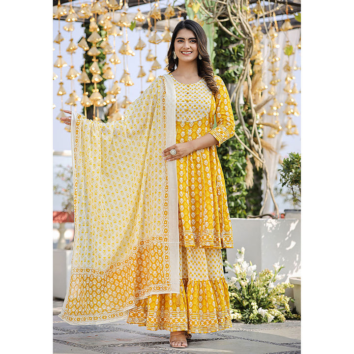 KAAJH Yellow Printed Kurta and Sharara with Dupatta (Set of 3)