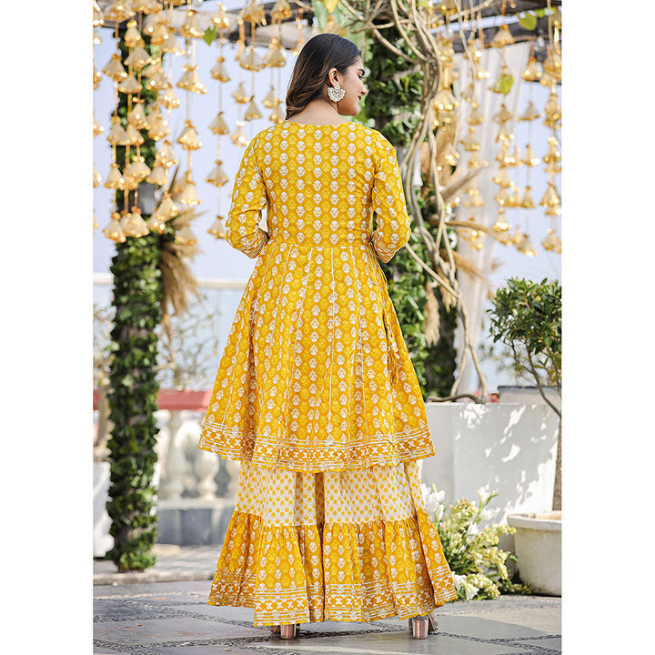 KAAJH Yellow Printed Kurta and Sharara with Dupatta (Set of 3)