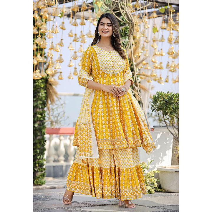 KAAJH Yellow Printed Kurta and Sharara with Dupatta (Set of 3)