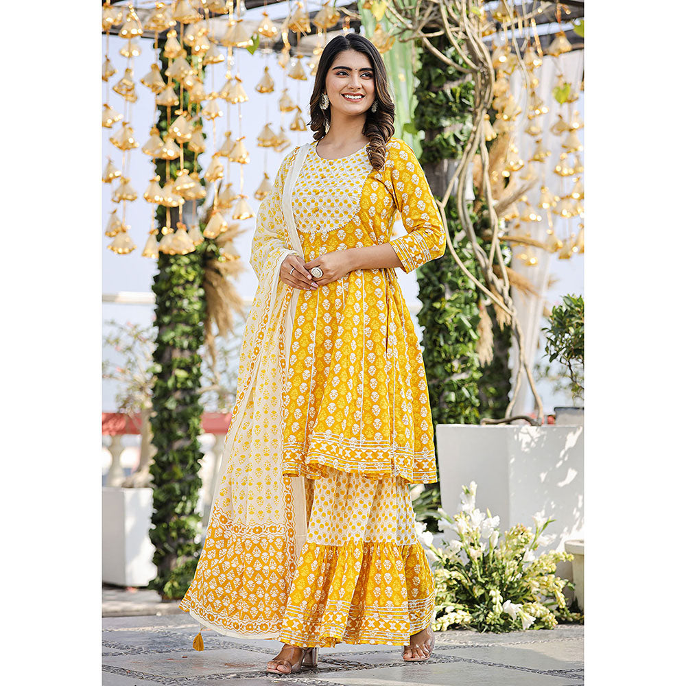 KAAJH Yellow Printed Kurta and Sharara with Dupatta (Set of 3)