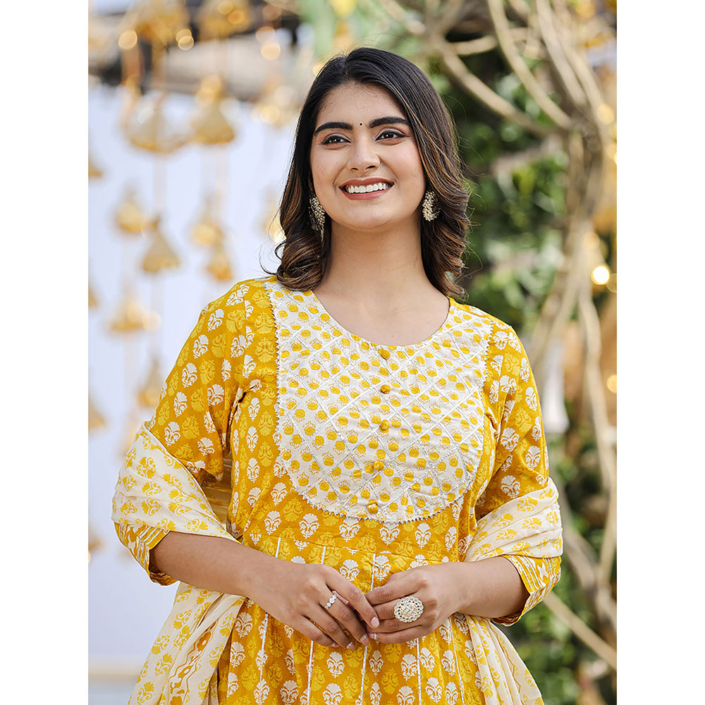 KAAJH Yellow Printed Kurta and Sharara with Dupatta (Set of 3)