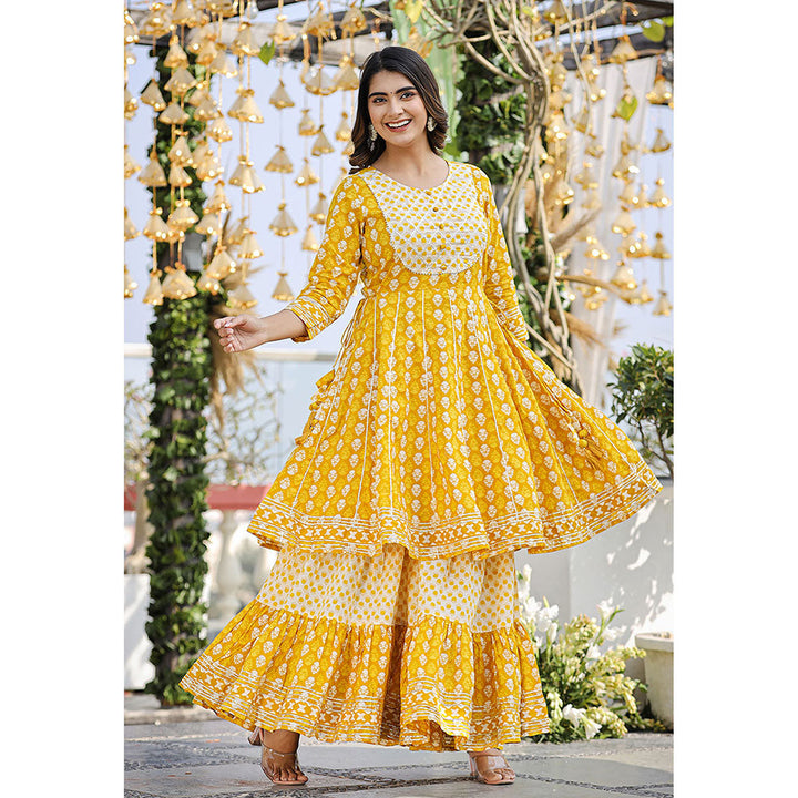 KAAJH Yellow Printed Kurta and Sharara with Dupatta (Set of 3)