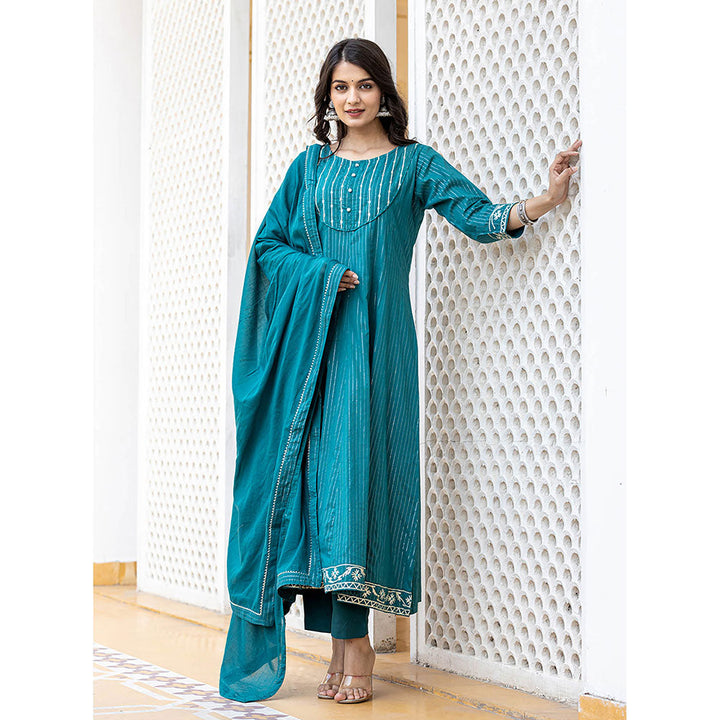 KAAJH Turquoise Cotton Lurex Flared Kurta With Pant & Dupatta (Set of 3)