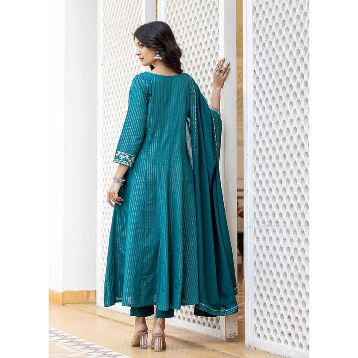 KAAJH Turquoise Cotton Lurex Flared Kurta With Pant & Dupatta (Set of 3)