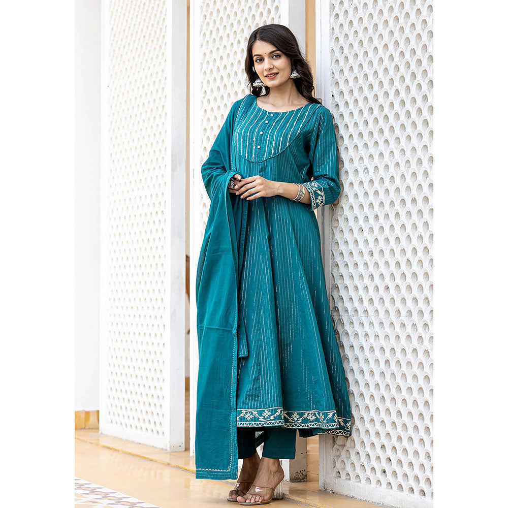 KAAJH Turquoise Cotton Lurex Flared Kurta With Pant & Dupatta (Set of 3)