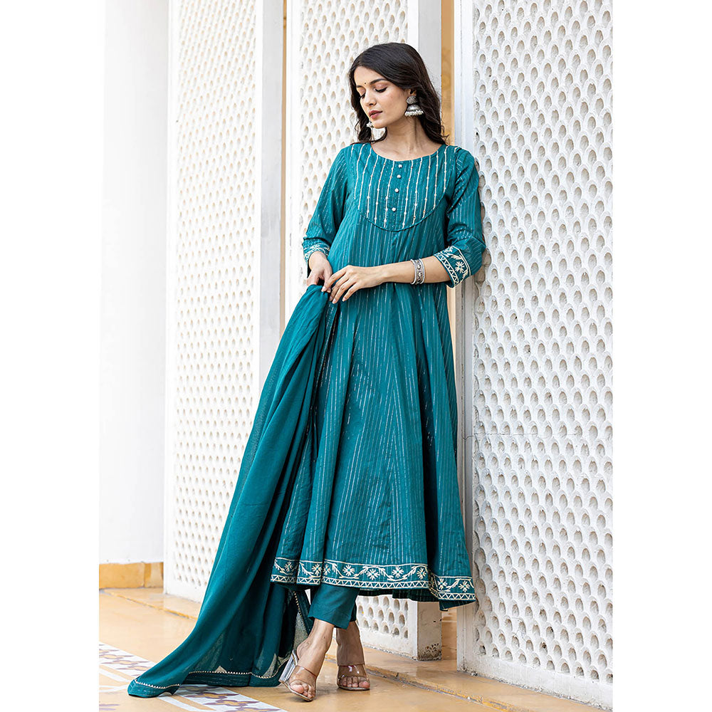 KAAJH Turquoise Cotton Lurex Flared Kurta With Pant & Dupatta (Set of 3)