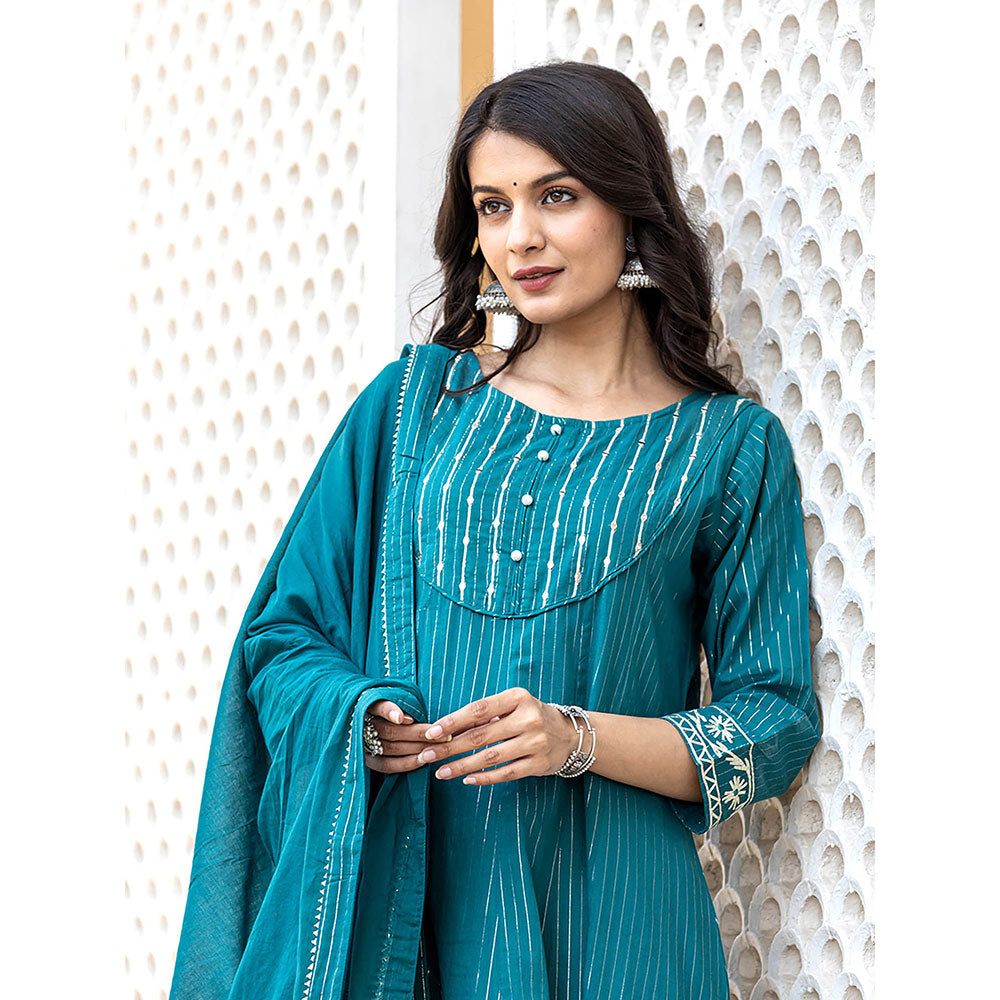 KAAJH Turquoise Cotton Lurex Flared Kurta With Pant & Dupatta (Set of 3)