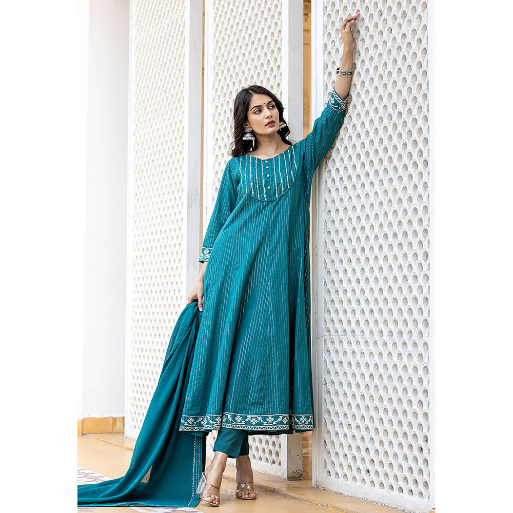 KAAJH Turquoise Cotton Lurex Flared Kurta With Pant & Dupatta (Set of 3)