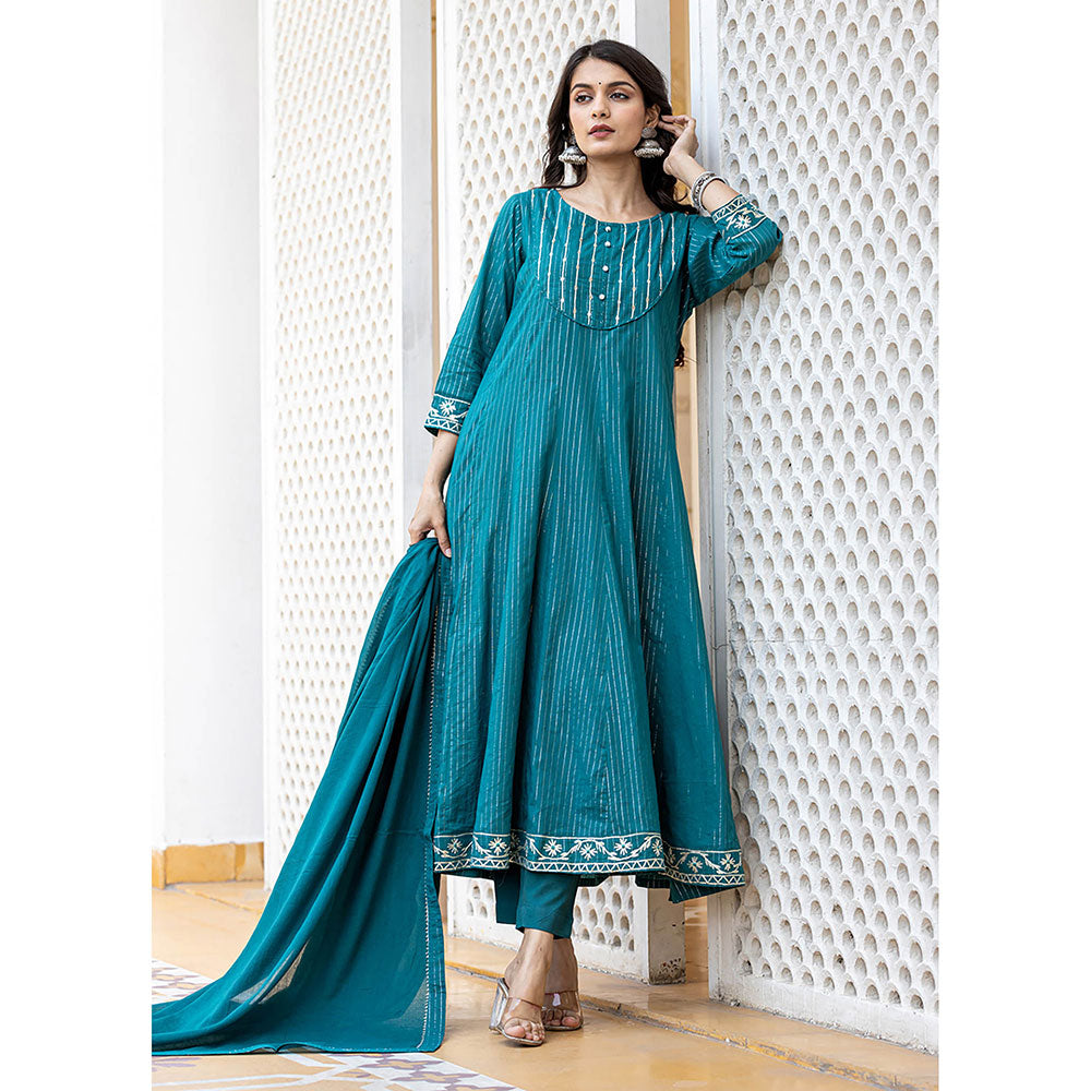 KAAJH Turquoise Cotton Lurex Flared Kurta With Pant & Dupatta (Set of 3)