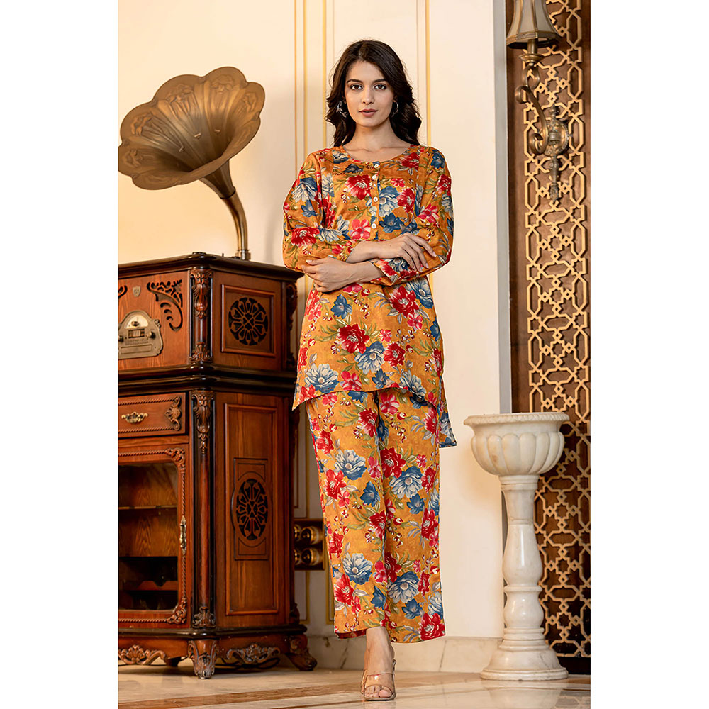 KAAJH Orange Floral Printed Butter Cotton Co-Ord (Set of 2)