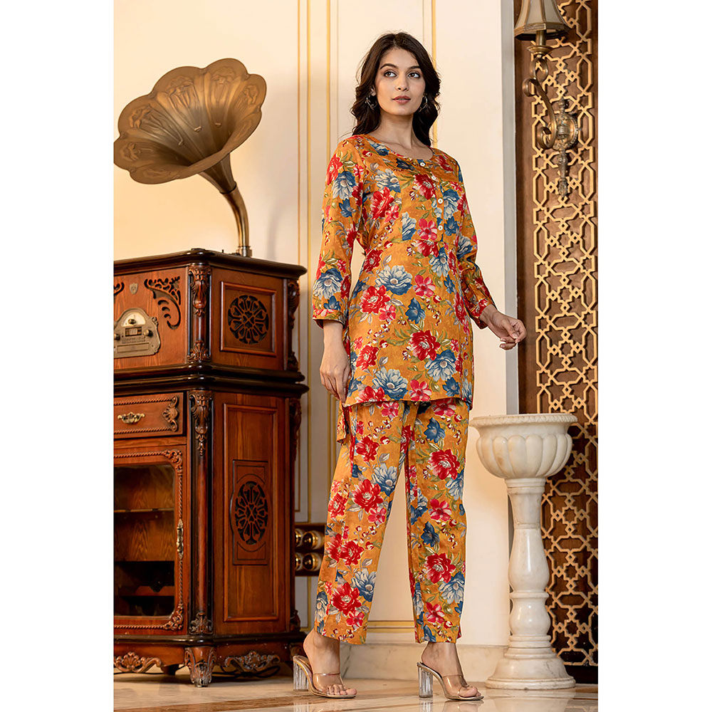 KAAJH Orange Floral Printed Butter Cotton Co-Ord (Set of 2)