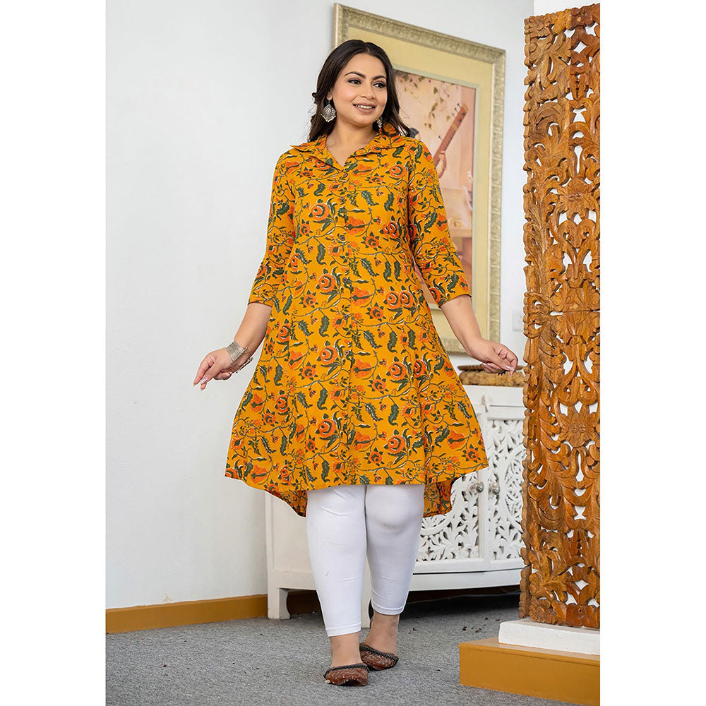 KAAJH Yellow Floral Printed Plus Size Cotton Kurta