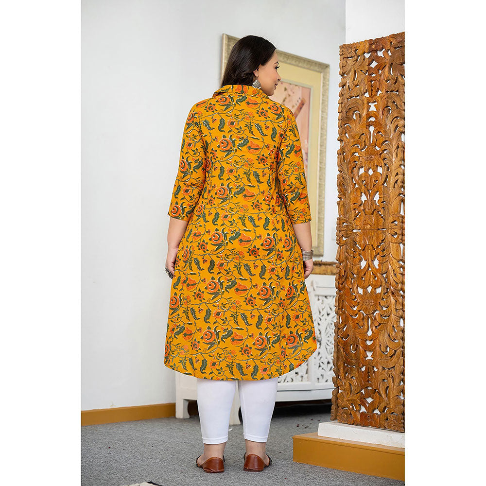 KAAJH Yellow Floral Printed Plus Size Cotton Kurta