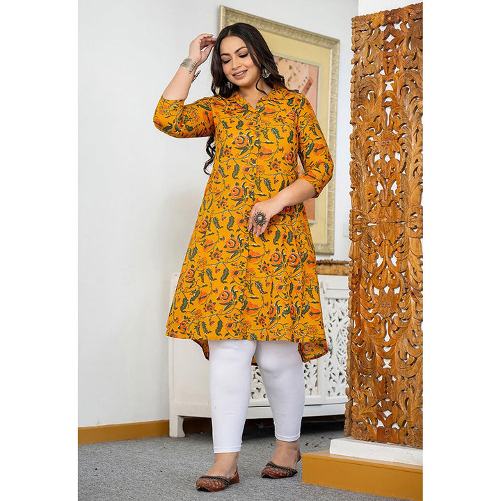 KAAJH Yellow Floral Printed Plus Size Cotton Kurta