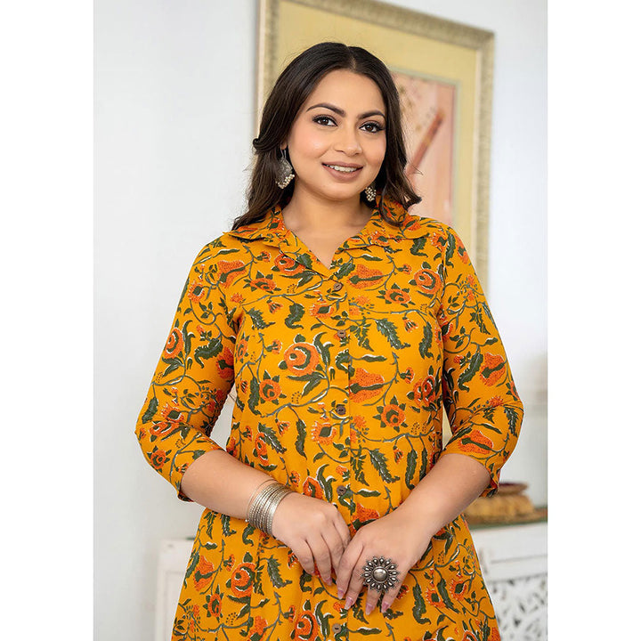 KAAJH Yellow Floral Printed Plus Size Cotton Kurta