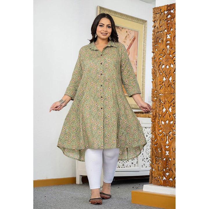 KAAJH Green Floral Printed Plus Size Cotton Kurta