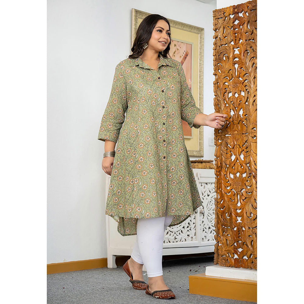 KAAJH Green Floral Printed Plus Size Cotton Kurta