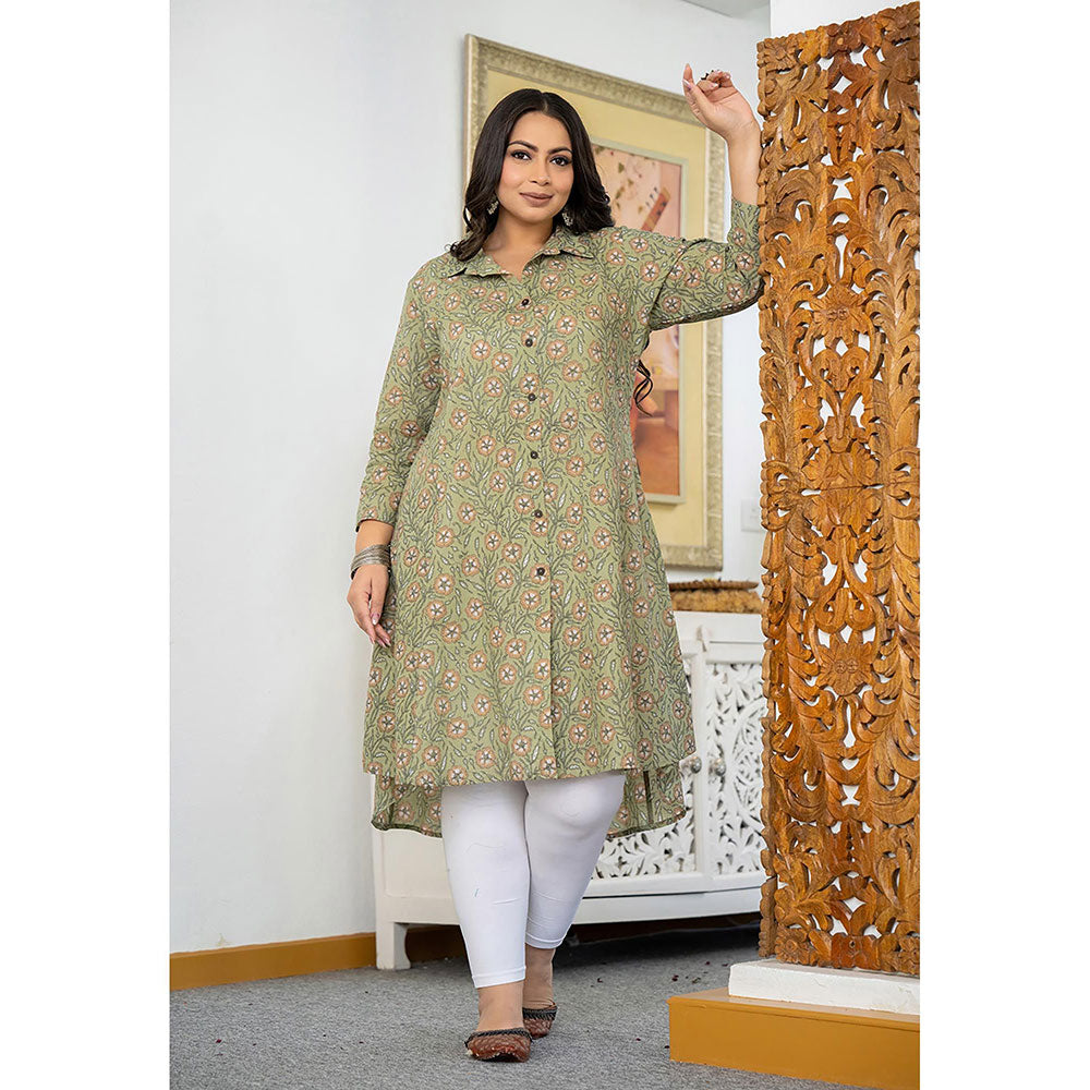 KAAJH Green Floral Printed Plus Size Cotton Kurta