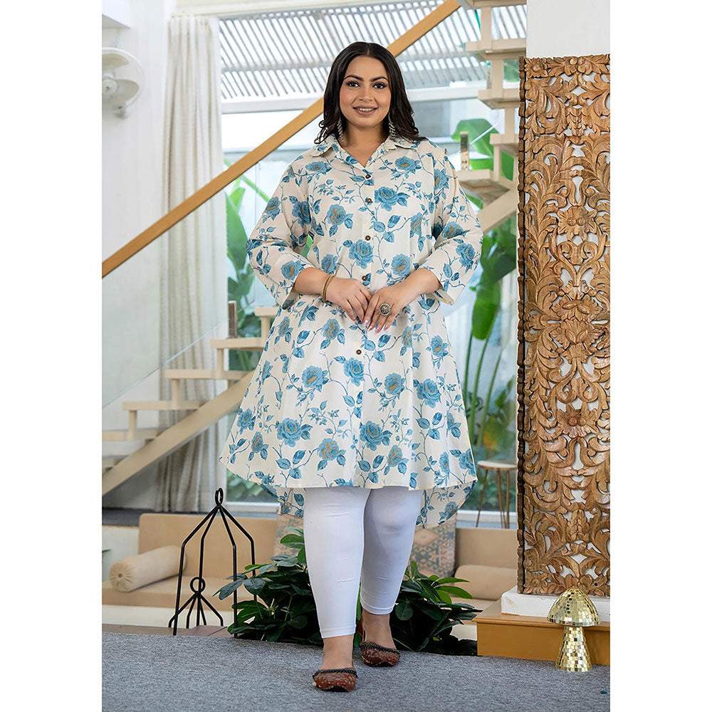 KAAJH Turquoise Floral Printed Plus Size Cotton Kurta