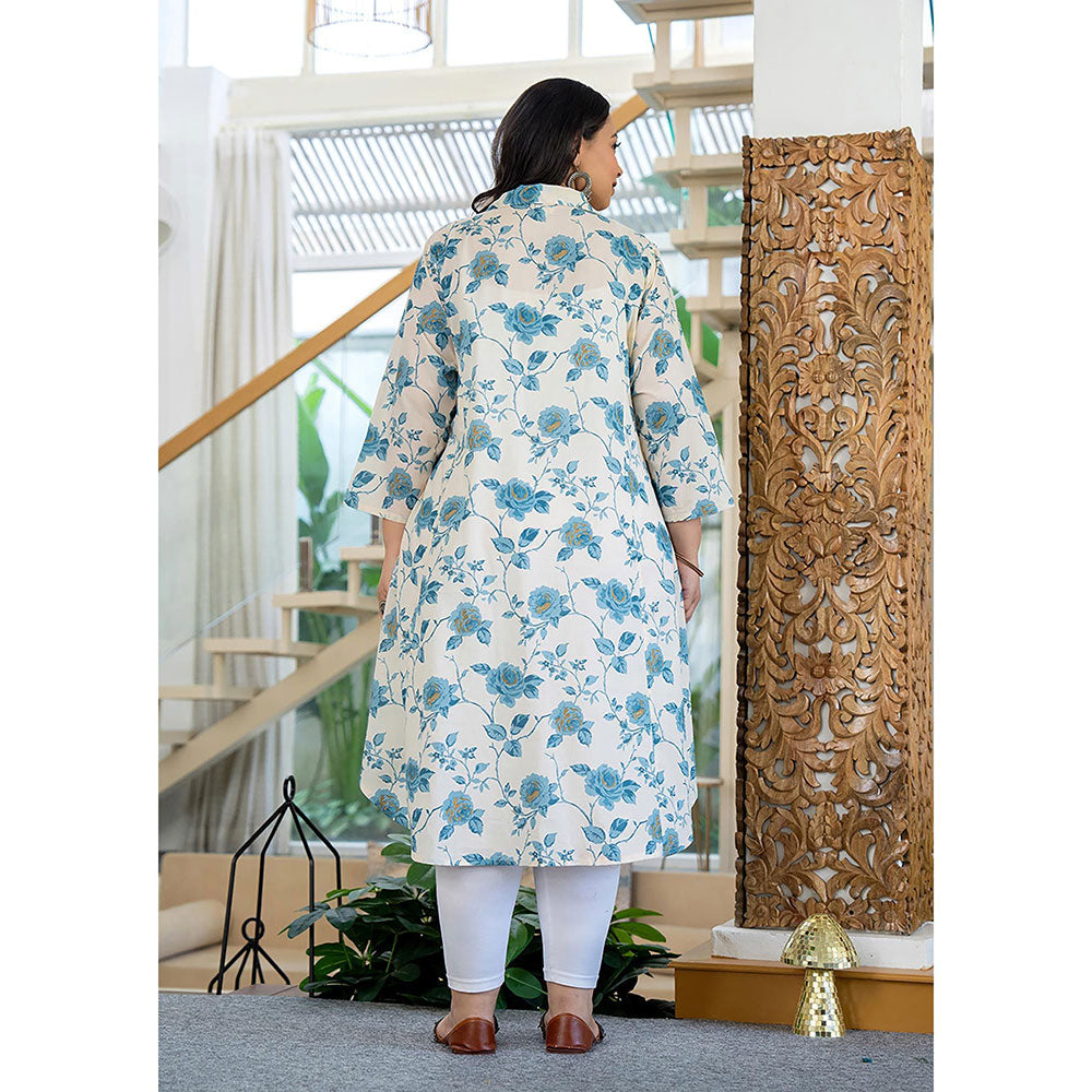 KAAJH Turquoise Floral Printed Plus Size Cotton Kurta