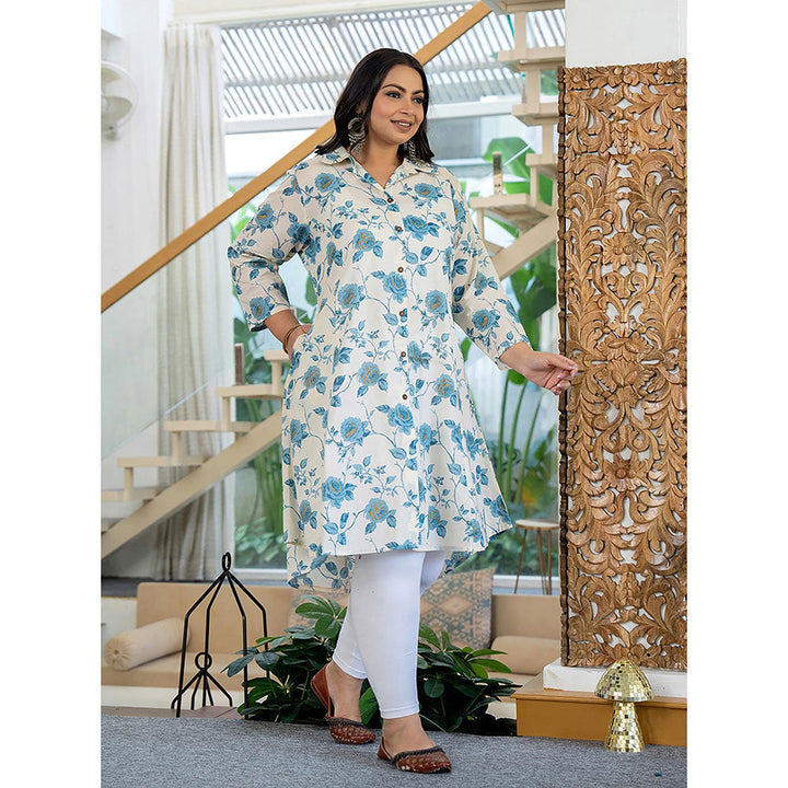 KAAJH Turquoise Floral Printed Plus Size Cotton Kurta