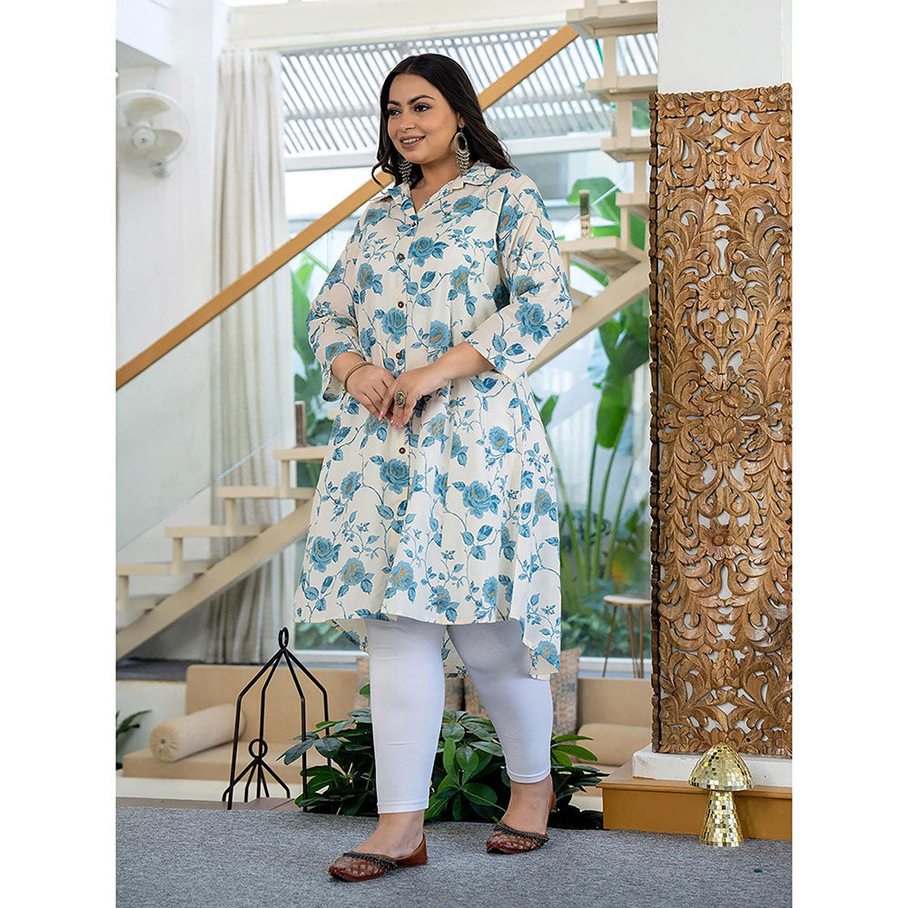 KAAJH Turquoise Floral Printed Plus Size Cotton Kurta