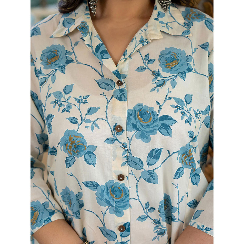 KAAJH Turquoise Floral Printed Plus Size Cotton Kurta