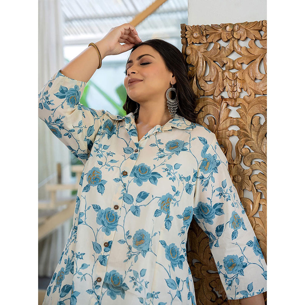 KAAJH Turquoise Floral Printed Plus Size Cotton Kurta