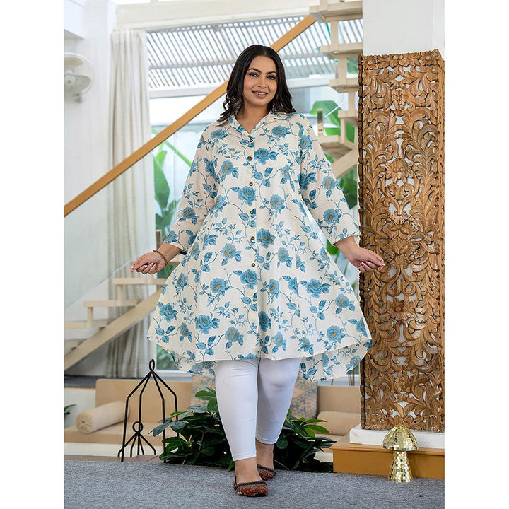 KAAJH Turquoise Floral Printed Plus Size Cotton Kurta