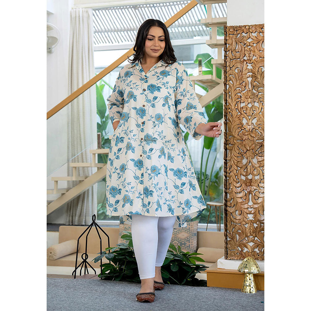 KAAJH Turquoise Floral Printed Plus Size Cotton Kurta