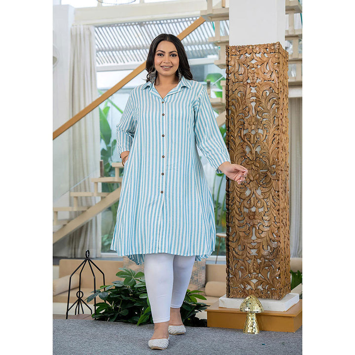 KAAJH Blue and White Striped Viscose Rayon Plus Size Kurta