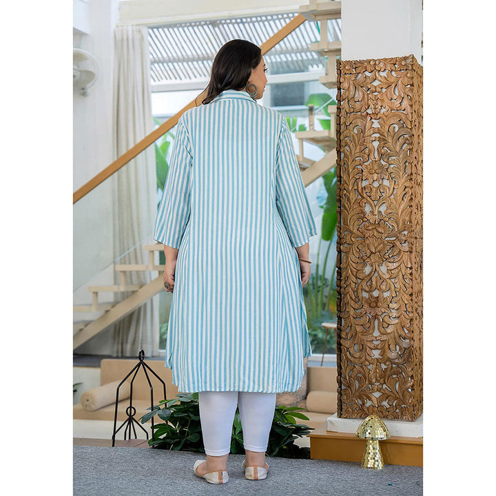 KAAJH Blue and White Striped Viscose Rayon Plus Size Kurta