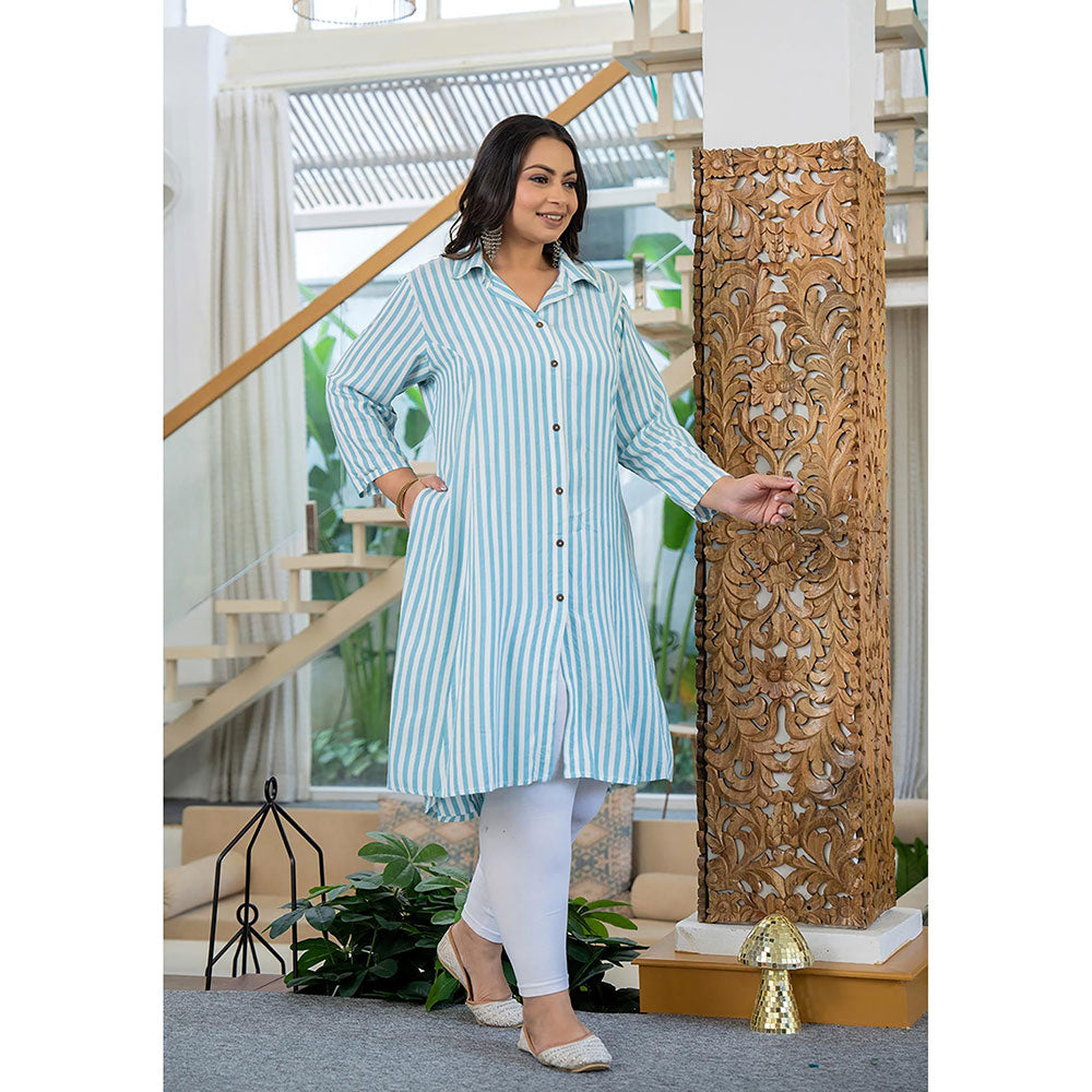 KAAJH Blue and White Striped Viscose Rayon Plus Size Kurta