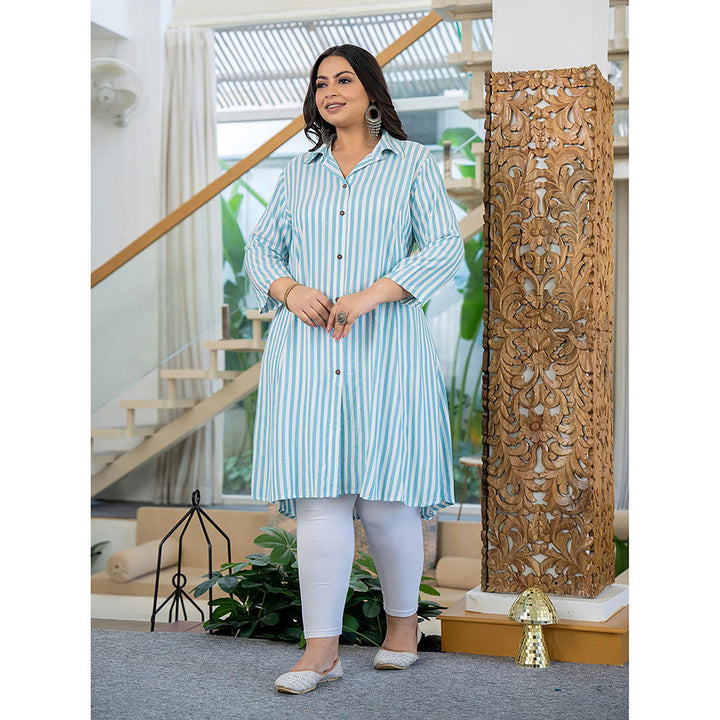 KAAJH Blue and White Striped Viscose Rayon Plus Size Kurta