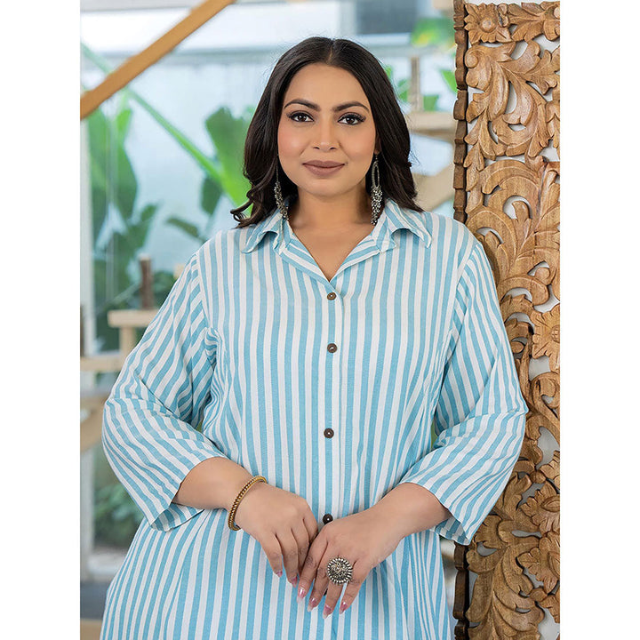 KAAJH Blue and White Striped Viscose Rayon Plus Size Kurta