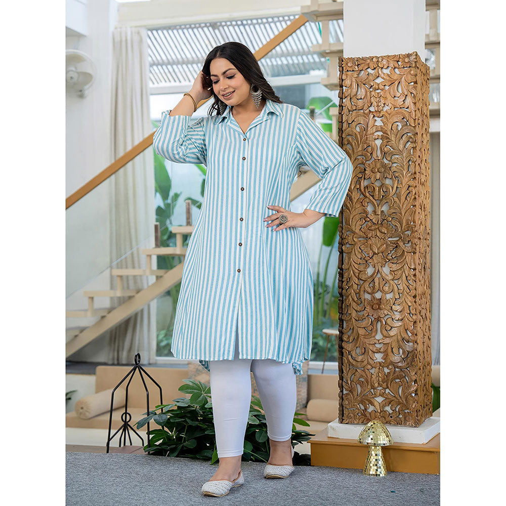 KAAJH Blue and White Striped Viscose Rayon Plus Size Kurta