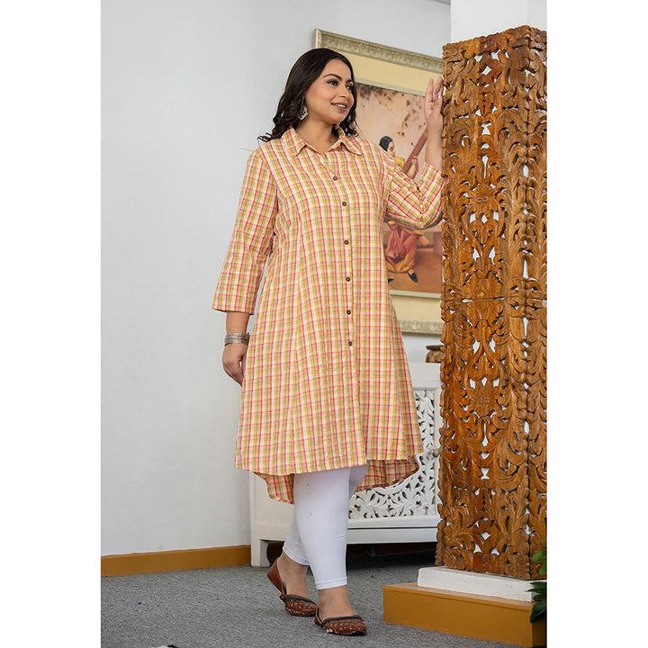 KAAJH Peach-Orange Check Print Plus Size Cotton Kurta