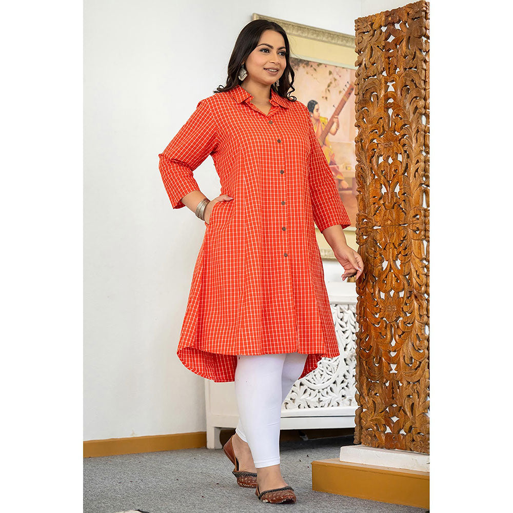 KAAJH Red Check Print Plus Size Cotton Kurta