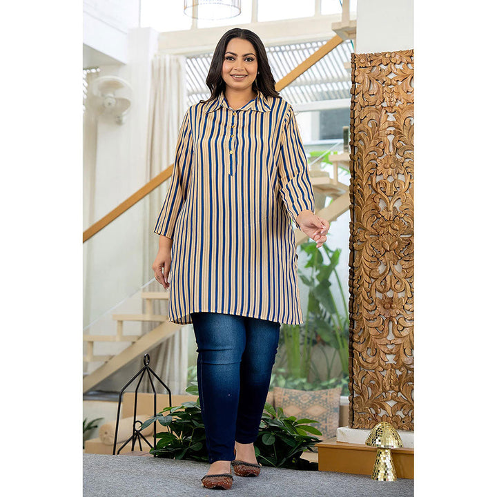 KAAJH Beige and Blue Striped Viscose Rayon Plus Size Kurta