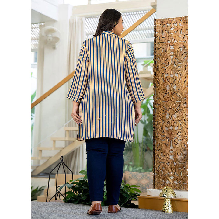 KAAJH Beige and Blue Striped Viscose Rayon Plus Size Kurta