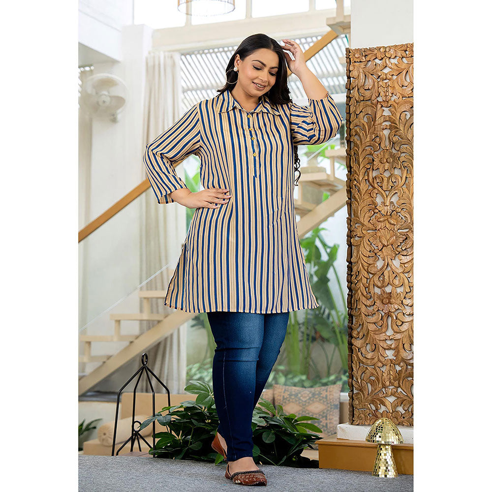 KAAJH Beige and Blue Striped Viscose Rayon Plus Size Kurta