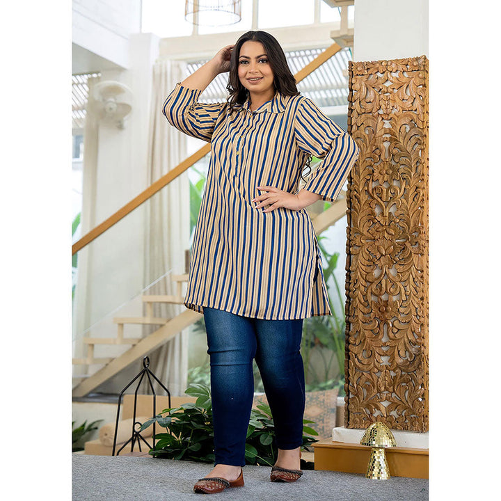 KAAJH Beige and Blue Striped Viscose Rayon Plus Size Kurta