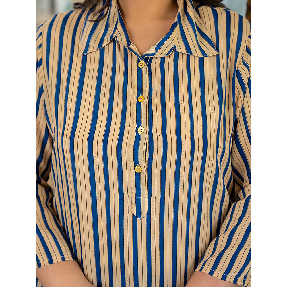 KAAJH Beige and Blue Striped Viscose Rayon Plus Size Kurta