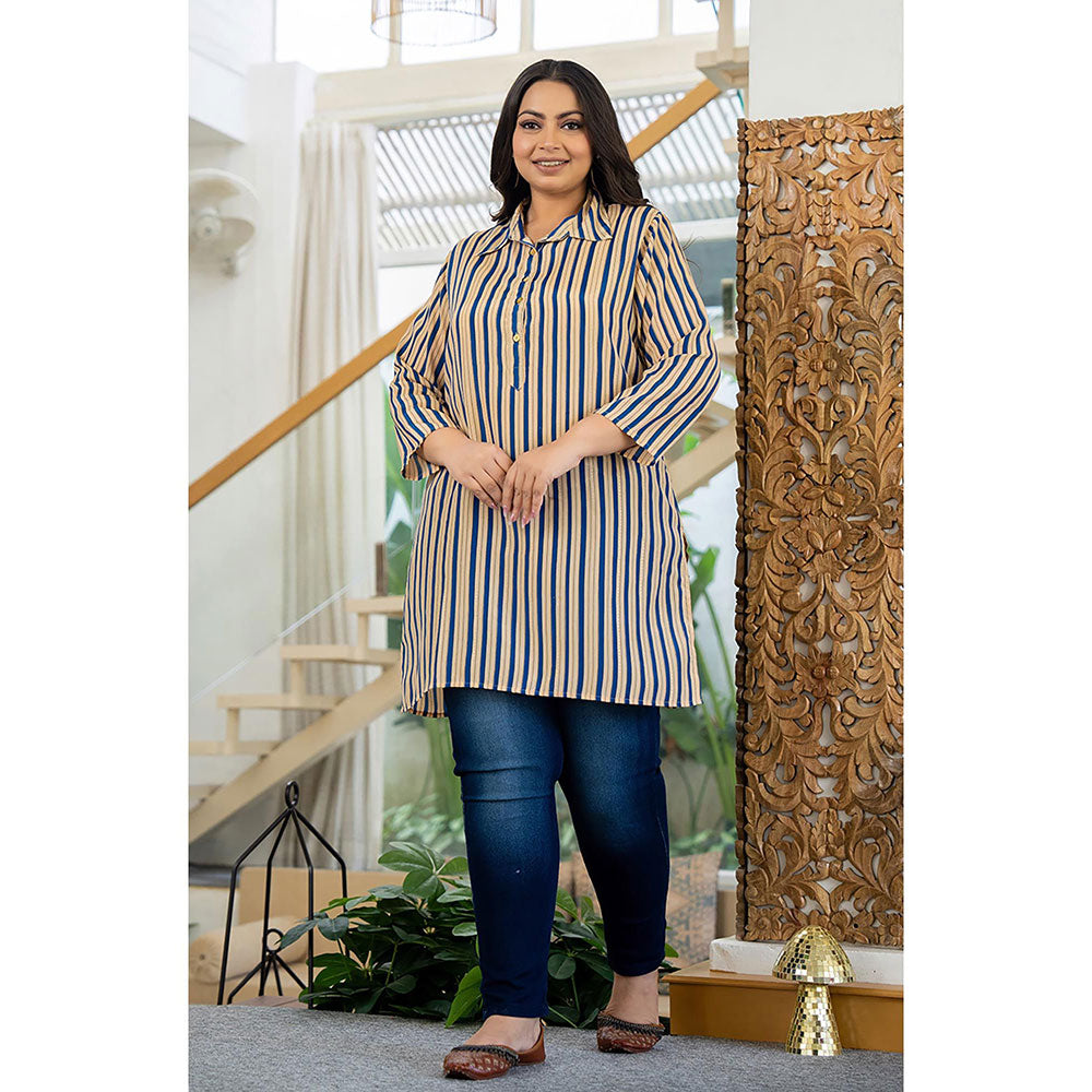 KAAJH Beige and Blue Striped Viscose Rayon Plus Size Kurta